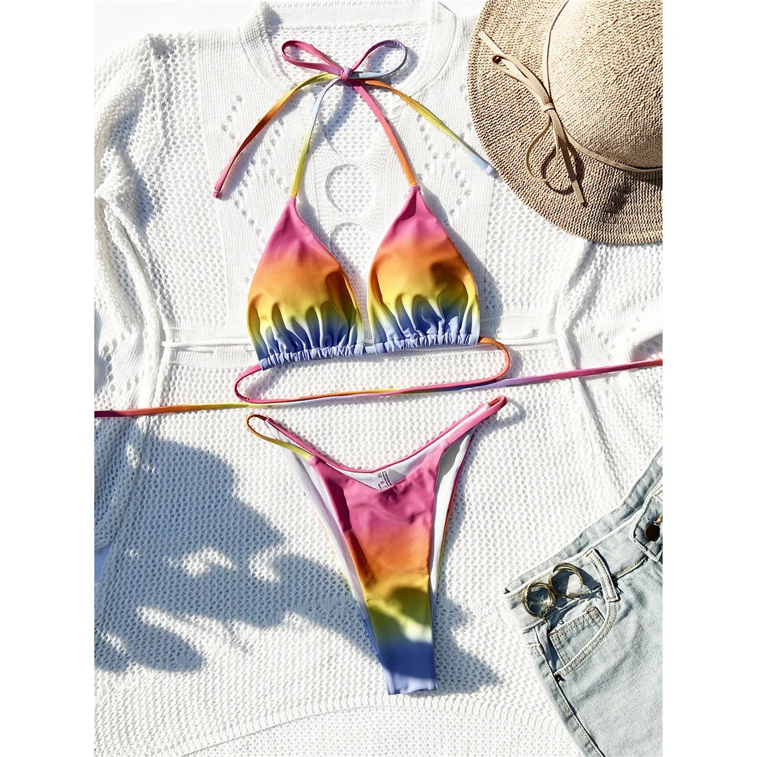 Bikini-Set mit Wickel-Design, farbenfrohem Neckholder-Ausschnitt und hohem Beinausschnitt, Damen-Badebekleidung, zweiteiliger Bikini, Badeanzug, Badebekleidung, Modell V5352. – Detail 9