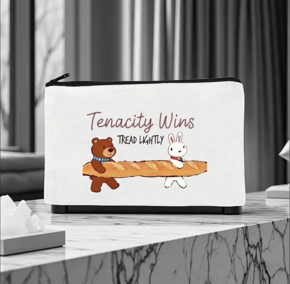 1PC Cute Bear Rabbit Baguette Tenacity Wins Quote Canvas Cosmetic Bag Double Sided Portable Travel Zipper Pouch