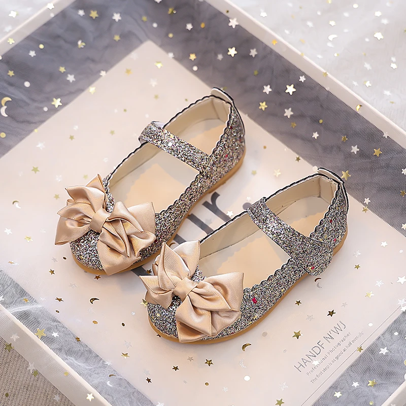 

2025 Spring Autumn Girls Flats Leather Shoes Big Bows Children Dance Performance Shoes Glitter Kids Dress Shoes MaryJane Soft