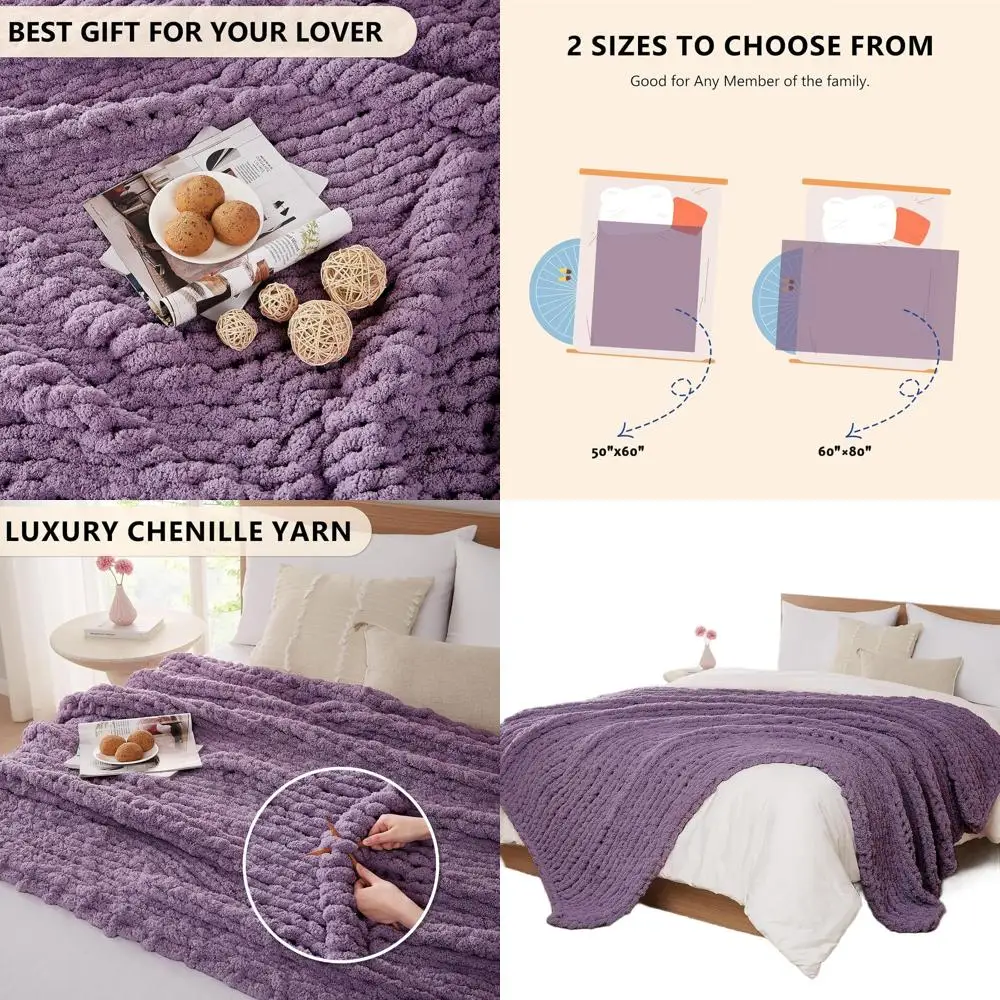 

60x80 Handcrafted Oversized Cable Knit Chenille Throw Blanket - Luxurious Deep Purple for Bed, Couch, Home Decor