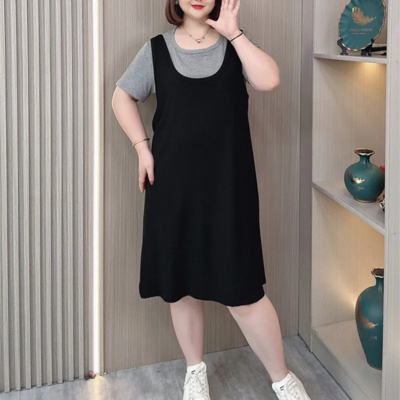 Vestido feminino falso de manga curta de duas peças, vestido casual meio longo, modal fino esticado na moda plus size, novo, 2024