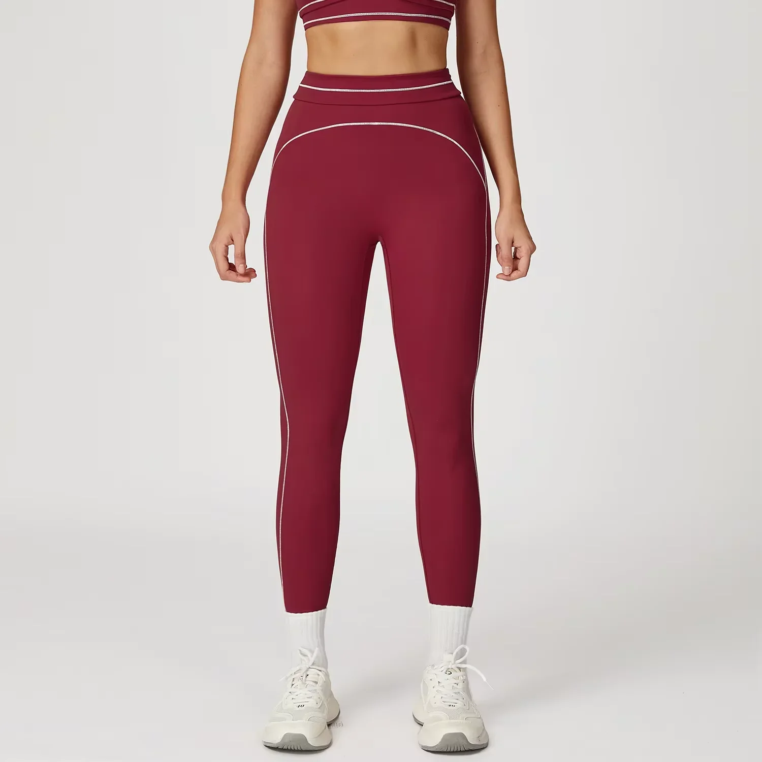 

High Waist Cross-Border Color Contrast Running Pants Elastic Waist Foldable Tight Yoga Leggings for Women Solid Pattern