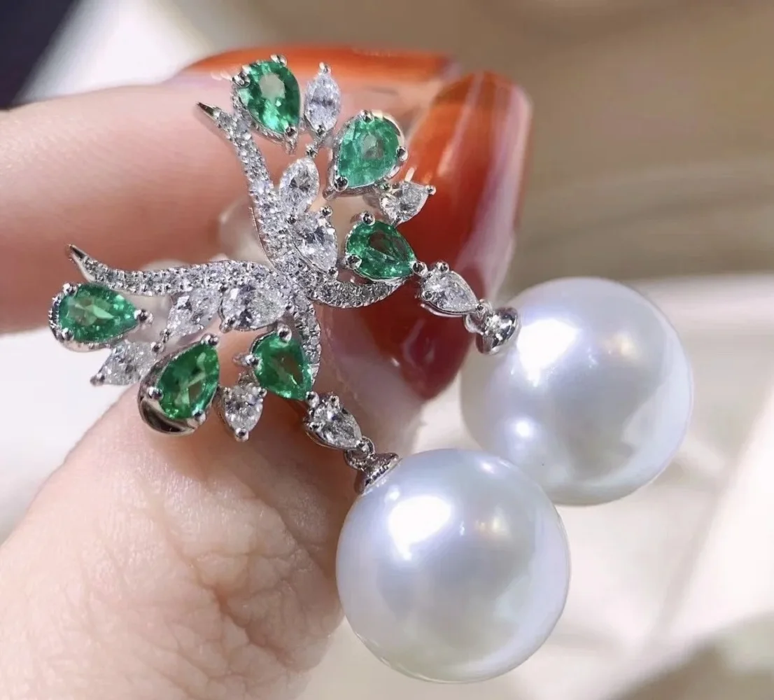 

925s silver temperament retro light luxury palace style green zircon earrings AAAA10-11mm 11-12mm natural Japanese white pearl
