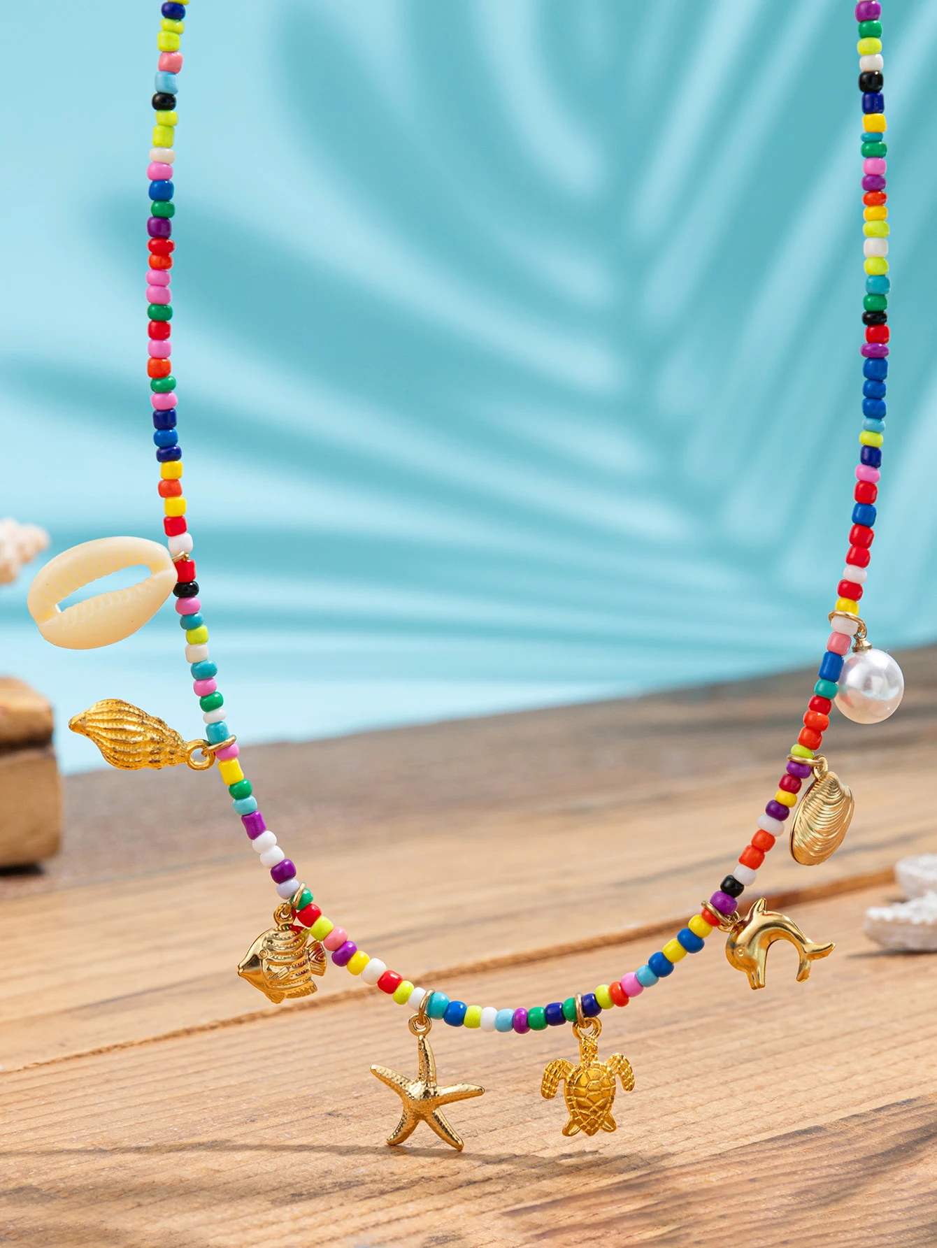 2024 trendy ocean style pendant and colorful rice bead necklace female elegant collarbone chain necklace