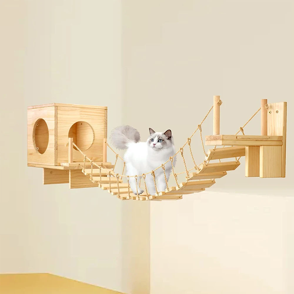 

100cm Cat Bridge Climbing Frame Rope Ladder With Wood Sisal Pet Tree House Hammock Scratching Toy Cat Furniture Wall Mounted