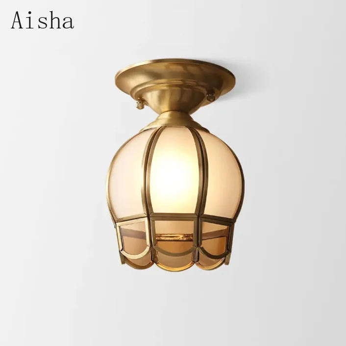 European Copper Ceiling Light Modern Bedroom Foyer Balcony Glass Lighting Fixture American Corridor Hallway Wardrobe Lamp