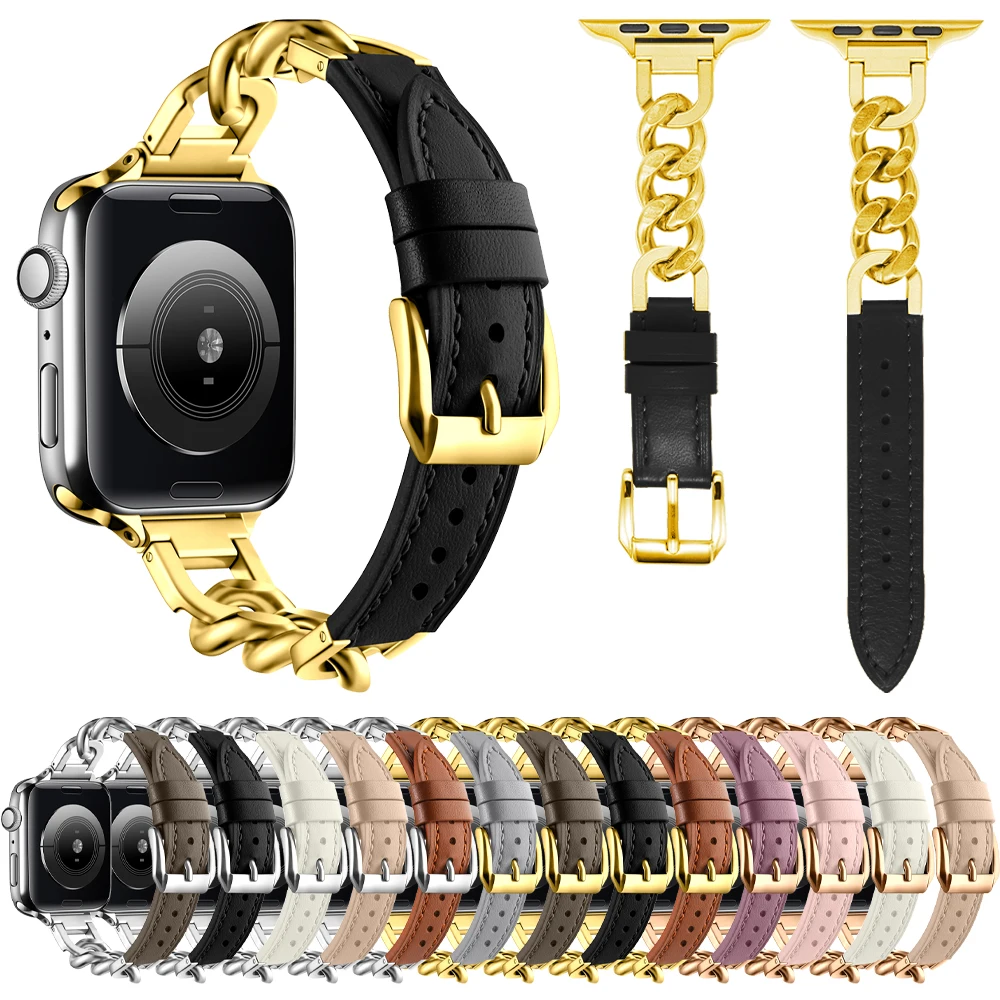 

Женский кожаный ремешок для Apple Watch Band 8 Ultra 49 мм 41 мм 45 мм 44 мм 40 мм Металлические Аксессуары iWatch Serie 8 7 6 SE 5 3 тонкие