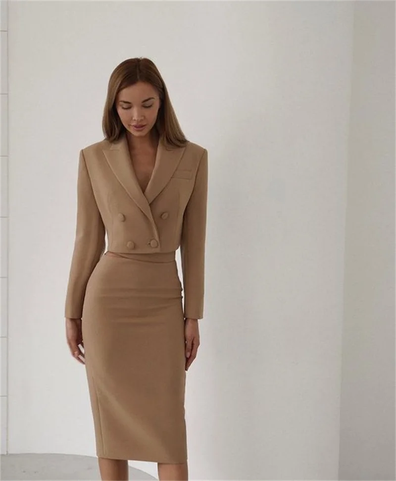 Kaki Vrouwen Pak Rok Set Blazer + Midi Jurk 2 Stuks Custom Made Formele Office Lady Verkort Jasje Prom gown Женский Костюм