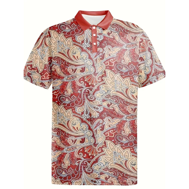 Men's paisley pattern allover print golf shirt, casual short sleeve top for summer outdoor