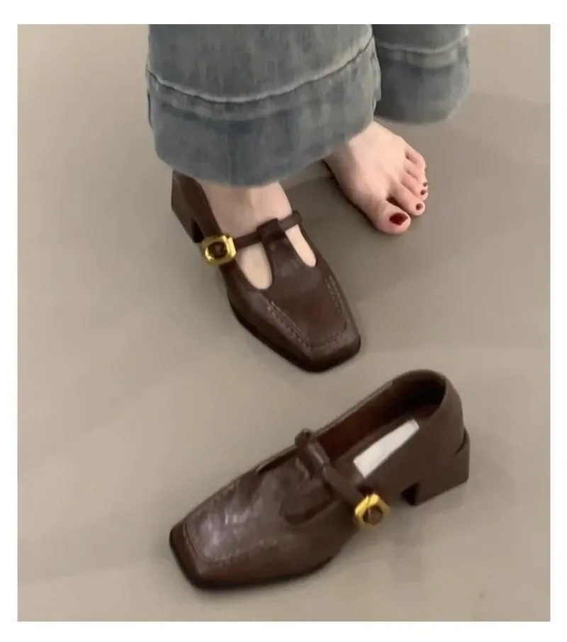 Women Square Toe T-Strap Mary Jane Shoes Gold Buckle Low Block Heel Soft Leather Vintage Ladies Fall Casual Dress Shoes view 6