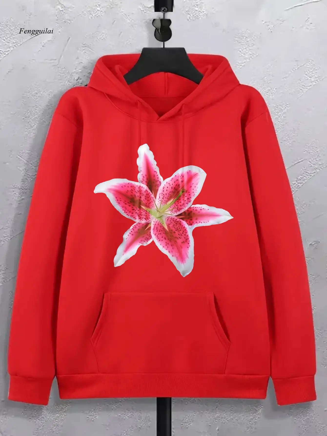 White Hooded Sweatshirt with Pink Flower Print, Soft Casual Pullover Hoodie, Long Sleeve Round Neck Sweater, Machine Washable