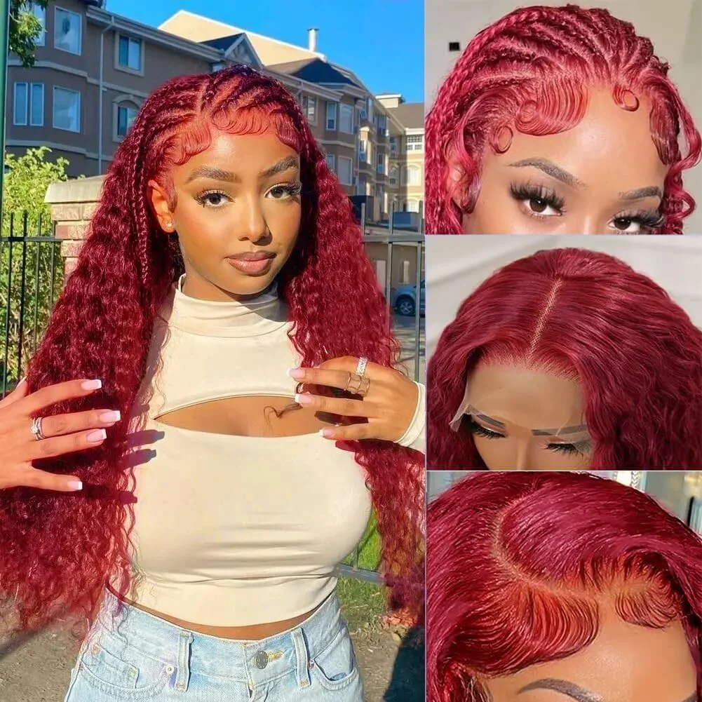 

Burgundy Curly Wigs Lace Front Human Hair 190% Density 13x6 Deep Wave Lace Front Wigs #99j Wigs Human Hair Pre Plucked For Women