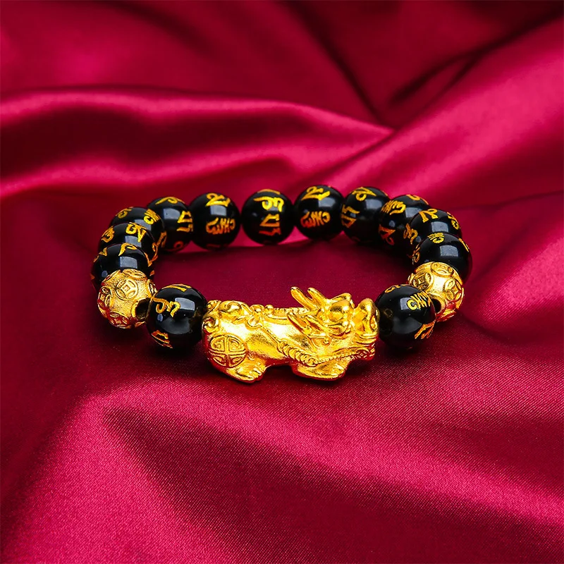 سوار رجالي Lucky Pixiu من الذهب عيار 24 قيراط، زوجين AU999 - عملات Pixiu Biting + انكسار الخرز، نمط CP الأثرياء، عصري يجب اقتناؤه