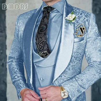 DMDRS | Jacquard Men's 3-piece Suit Set Formal Party Dress Groom's Tuxedo High Quality Elegant Men's Customized Outfit 4