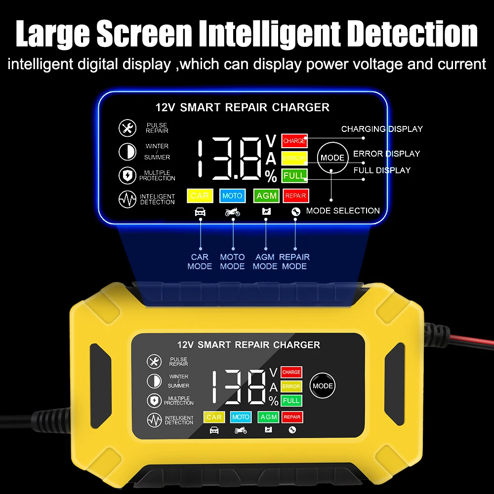 Digital LCD Display Pulse Repair 12V 6A Car Auto Battery Charger Smart Truck Motorcycle Charger Wet Dry Lead Acid Gel Charger