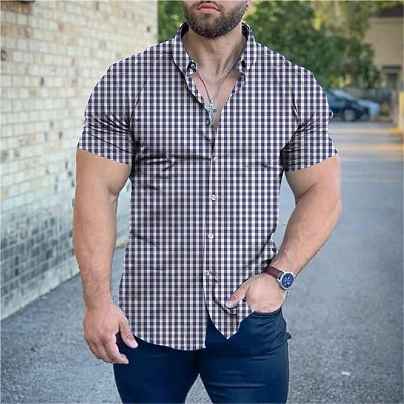 High-end men's shirt plaid 3D printing casual Hawaiian short-sleeved shirt fashion street high-quality shirt oversized shirt.