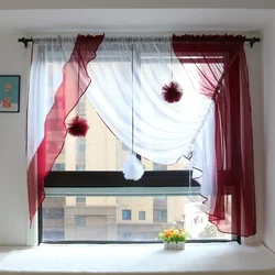 Irregular Curtain with Ball Decoration, Short Voile, Living Room, Kitchen, Balcony, Europe,
