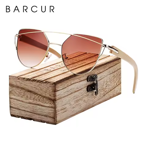 BARCUR Polarized Sunglasses Wood Cat Eye Women Sun Glasses Cat Eye Lady Luxury Fashion Sun Shades With Box Free Eyewear