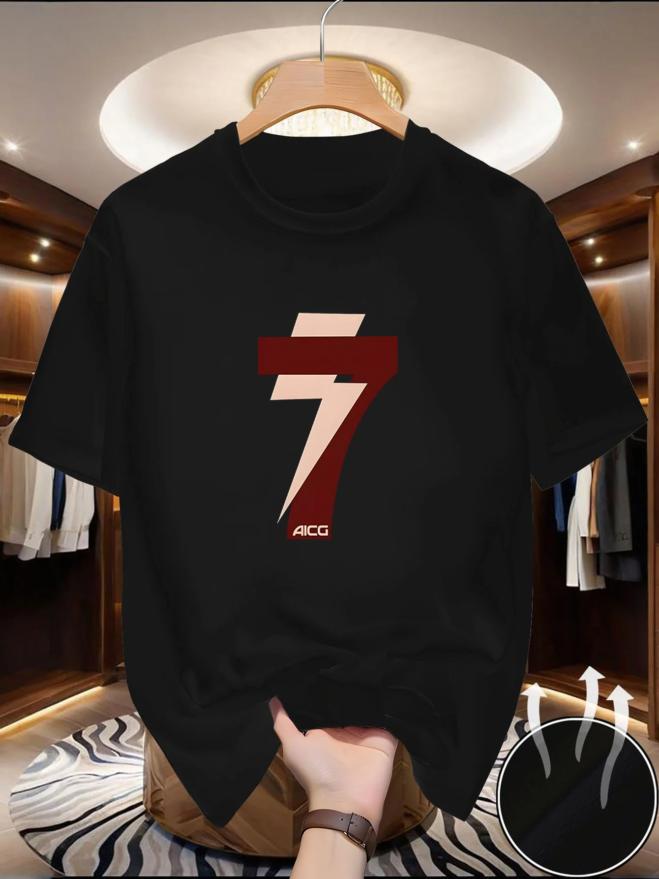 Single men's round-neck short-sleeved T-shirt. Bright sunlight. Flexibility. Comfort. Fashionable item. Sporty style. Comfortabl