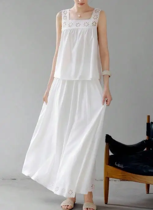 Summer Elegant Square Neck Hollowed Out Floral Vest and Straight Skirt Set for Women, Elegant Solid Color Casual 2-Piece Set