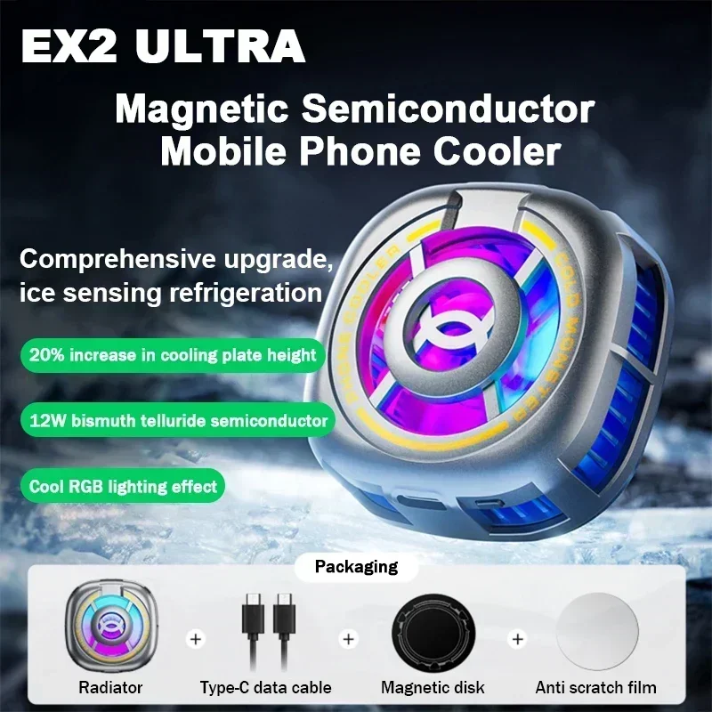 Radiador De Refrigeração Magnética De Semicondutor De Telefone Móvel, PUBG Game Cooler para iPhone e Android, Sistema Tipo-C, Alta Potência, EX2 Ultra 12W