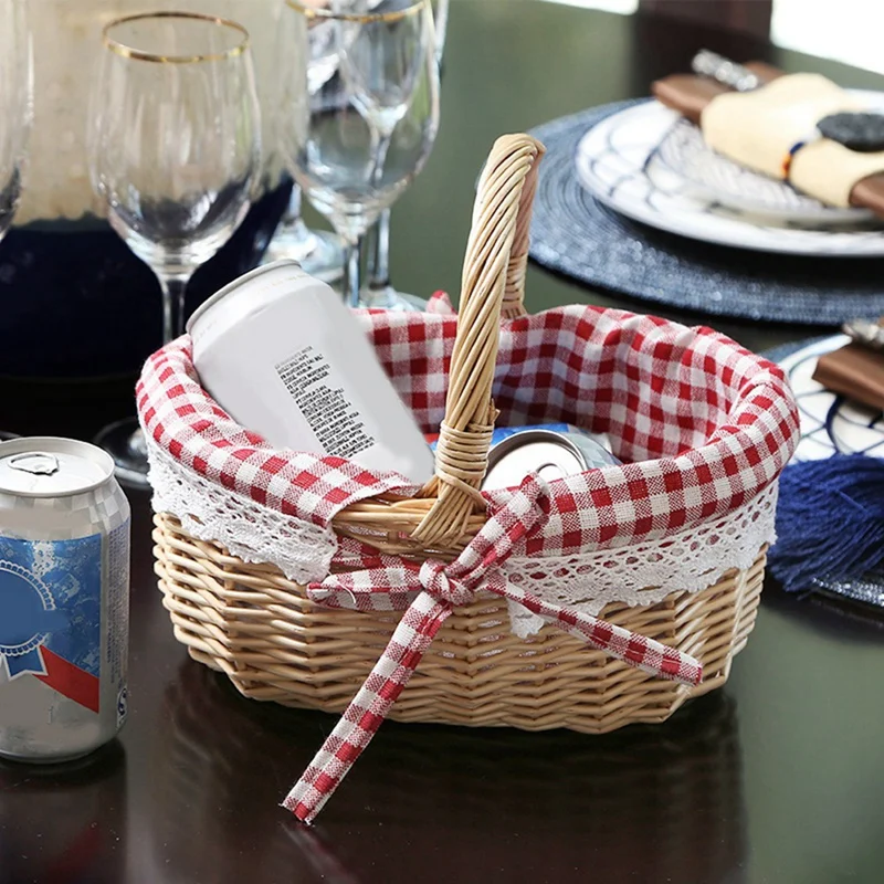 Cesta De Piquenique Tecido Salgueiro Oval Com Alça, Cestas De Presente De Vime, Cesta De Casamento Pequena, Vazia, 5X