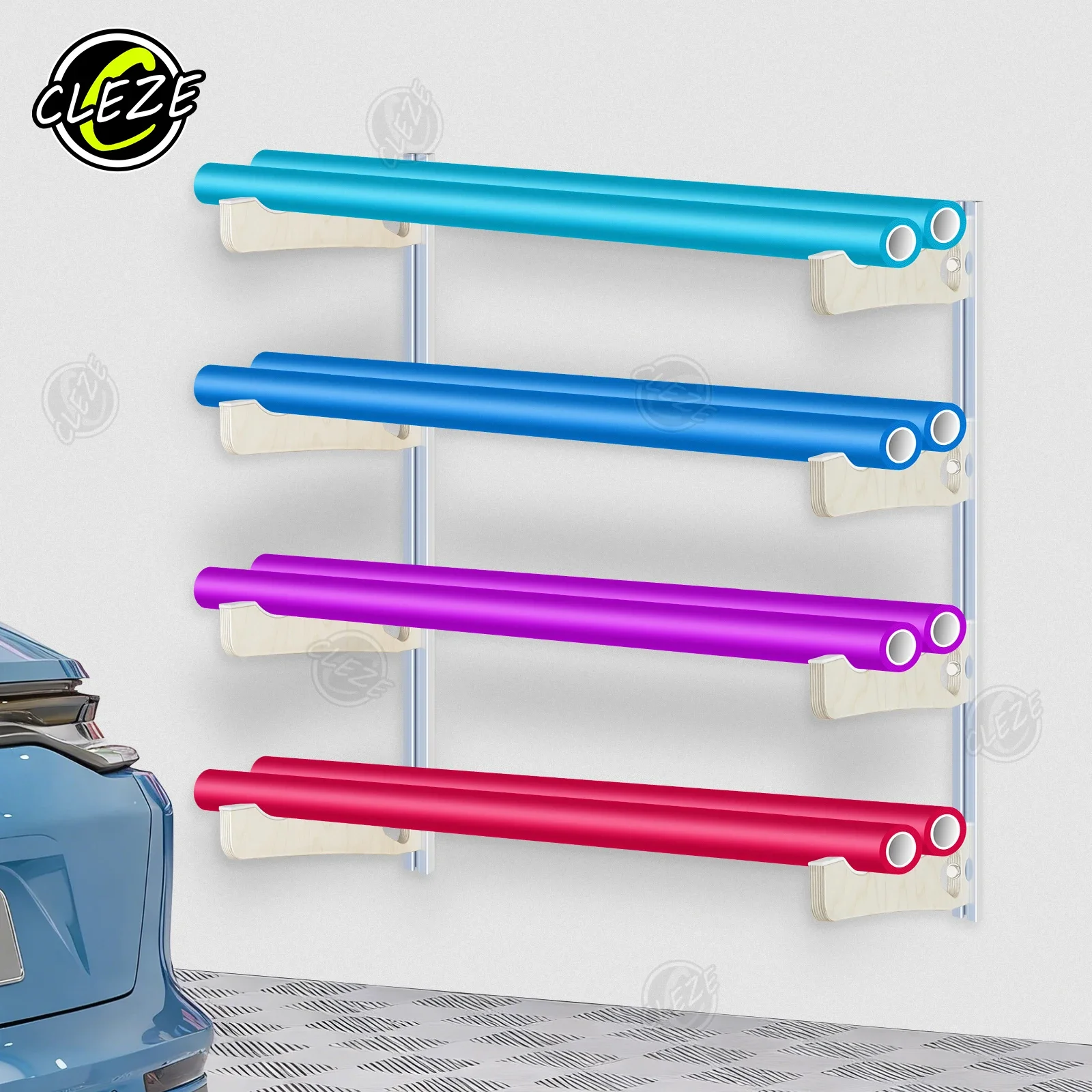 DCHOA Wooden Storage Rack for Car Vinyl Wrap Rolls Wall Mounted PPF Window Tint Film Holder Garage Tool Organizer