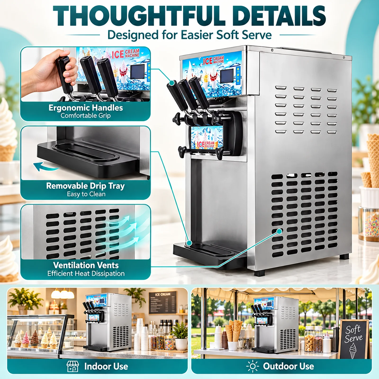 SIHAO Commercial Soft Serve Ice Cream Machine, 3-Flavor 2+1 Swirl Countertop Ice Cream Maker, 18L/H Output with LCD Display & Auto-Clean Function, for Dessert Shop, Café & Ice Cream Parlor
