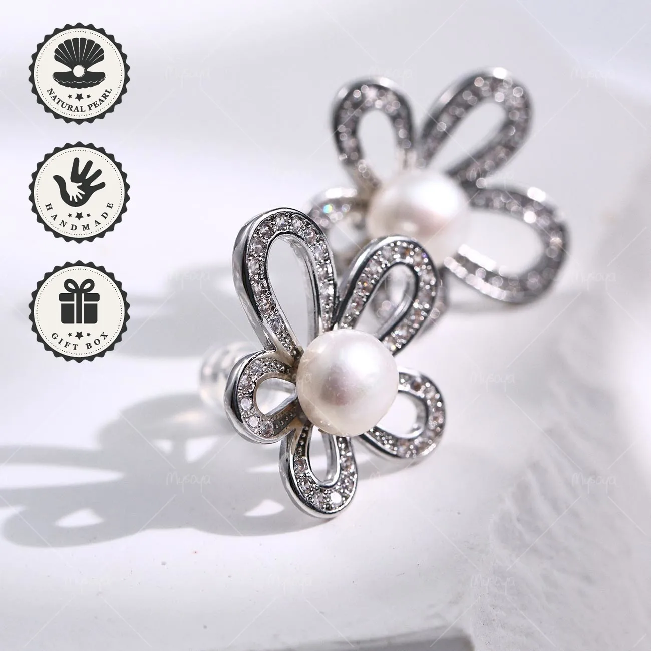 

Mysoya 7–8mm Natural White Bread Freshwater Pearl Silver Flower Stud Earrings Valentine’s Day Birthday Gift for Her
