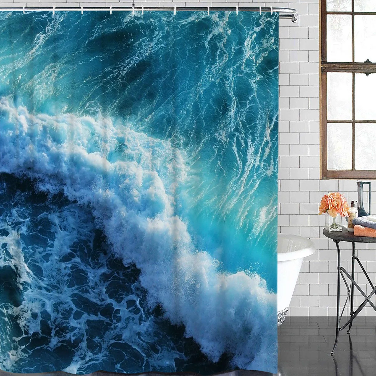 Blue Sea Waves Waterproof Bathroom Decoration Shower Curtain With Hook Printed Bathtub Curtains Bathroom Accessories