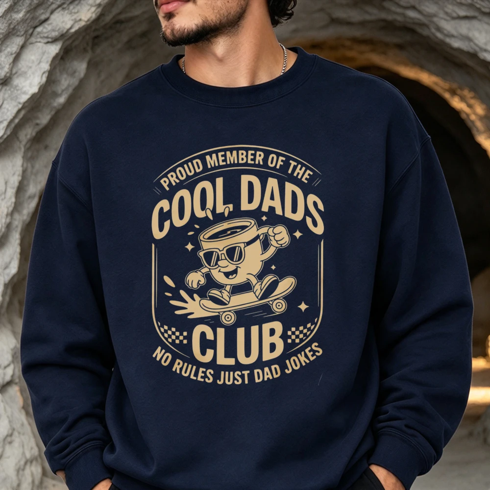 Proud Member of The Cool Dads Club Graphic Sweatshirt Cartoon Skate Coffee Cup Print Pullover Father Day Gift Casual Sweatshirt