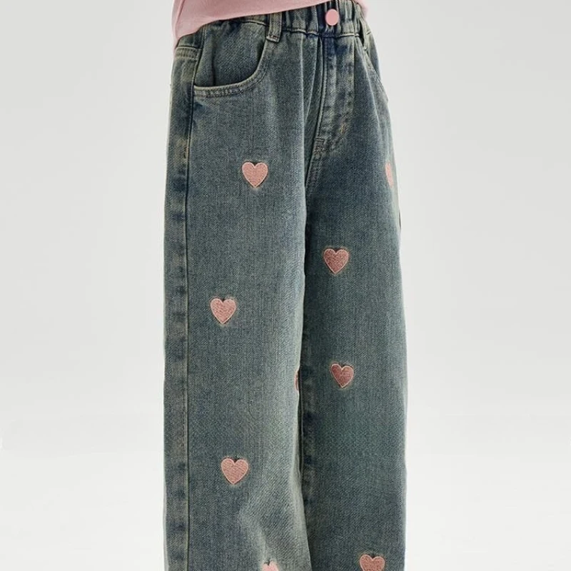Pants Girls Spring Autumn New Trousers Straight Leg Wide Leg Jeans Childrens Jeans Middle Childrens Heart 2025