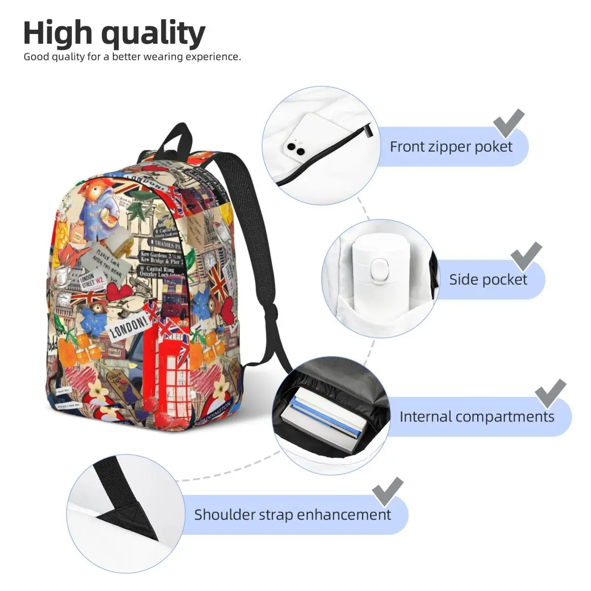 Personalizado paddington londres viagem lona mochila das mulheres dos homens escola portátil bookbag inglaterra filme faculdade estudante daypack sacos