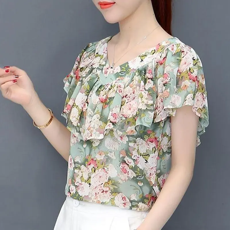 Office Lady Floral Printed Blouse 2023 Summer Straight Elegant V-Neck Women\'s Fashion Ruffles Spliced Short Sleeve Chiffon Shirt