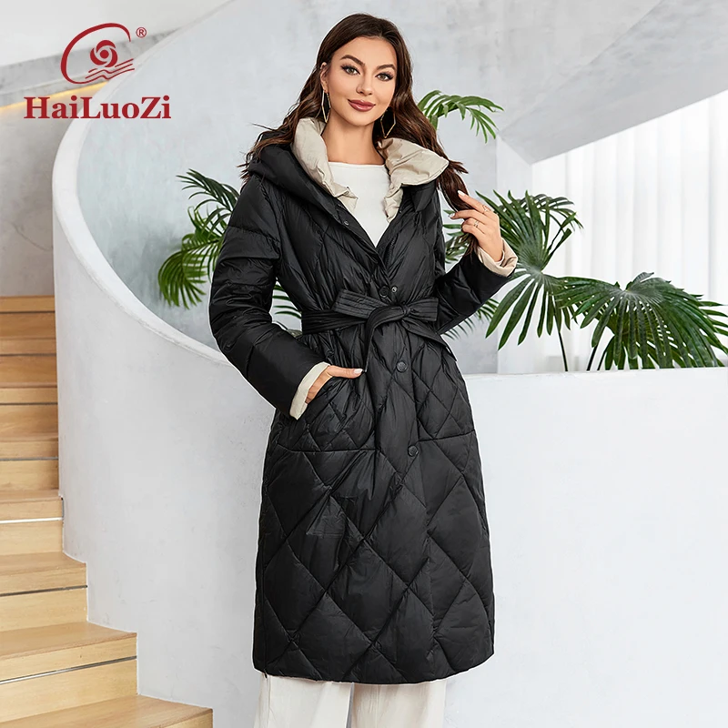 HaiLuoZi 2023 New Women\'s Winter Down Coat Slant Pocket With Belt Lightweight Warm Parkas Hooded Quilted Women Jacket 1159