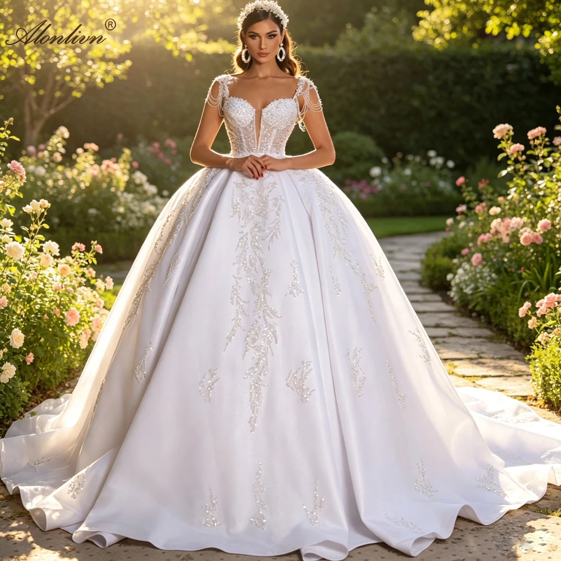 Alonlivn Custom Made Luxurious Sweetheart Ball Gown Bride Dresses Beaded Pearls Appliques Lace Princess Wedding Dresses