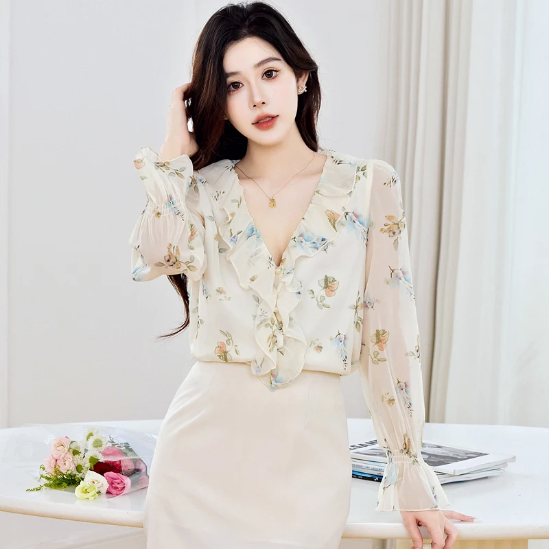 Vrouwen Shirt Blouse Nieuwe Lange Mouw V-hals Print Ruches Chiffon Shirt Blouse Vrouwen Tops Blouses Shirts Blusas Para Mujer Q1347