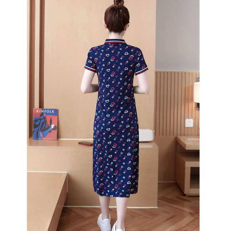 Women Cotton T-shirt ​Dresses Summer Female Polo Collar Short Sleeve Large Size Elegant Slim Knee-length Love Printed Vestidos