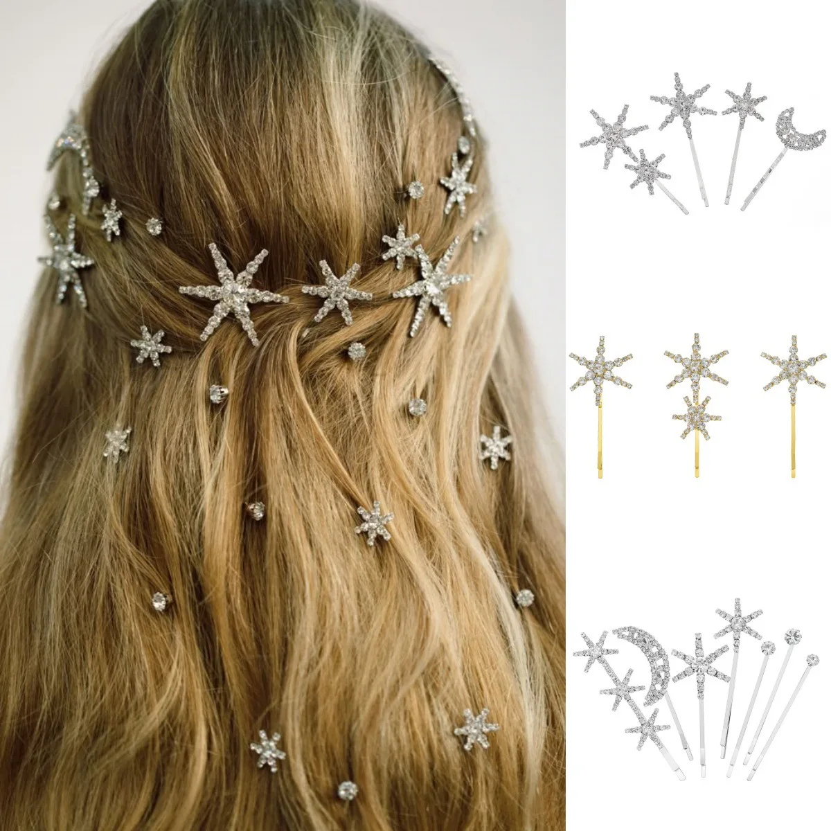 

4pcs Retro Star Moon Hair Clip Bridal Wedding Hair Accessories Rhinestone Silver Color Hairpin Fashion Princess Party Barrettes