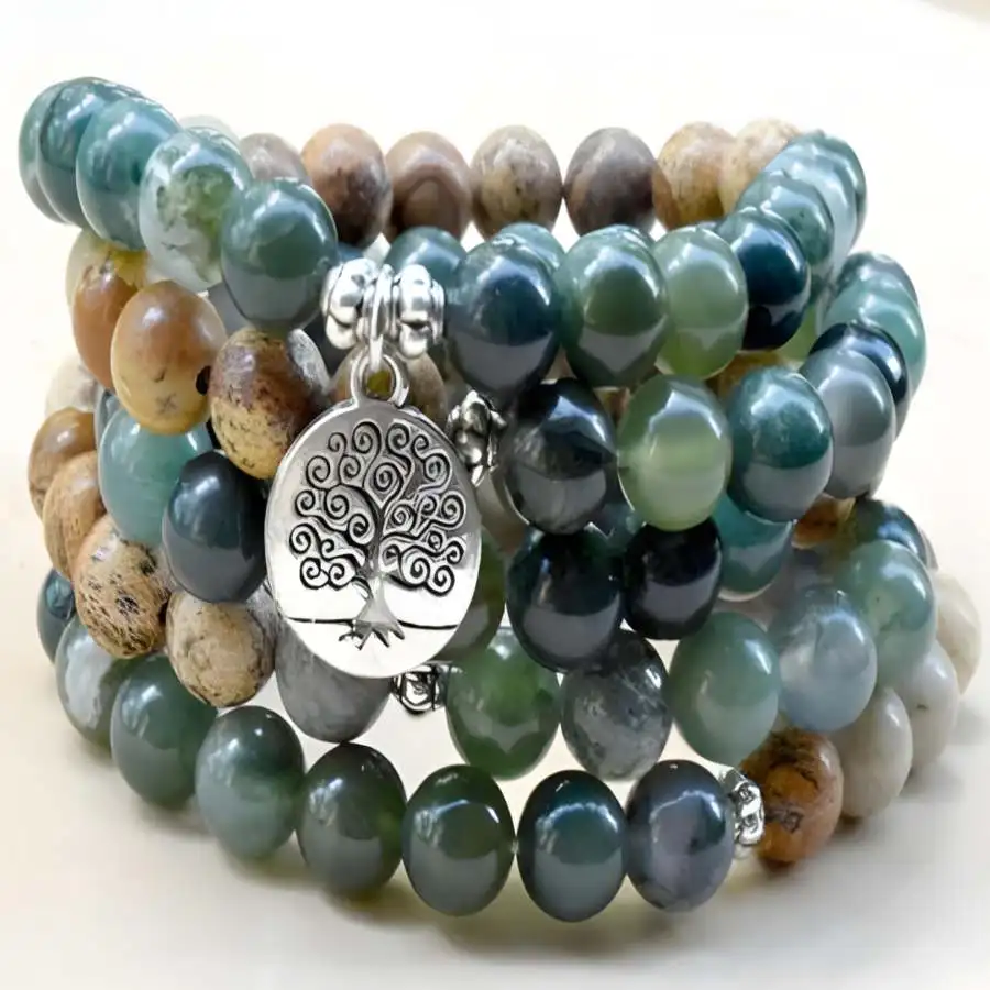8mm Indian Agate Picture stone 108 Beads Mala Bracelet elastic Spiritual Women Stone Bodhi Sacred Men's Bohemian Nirvana Chaplet