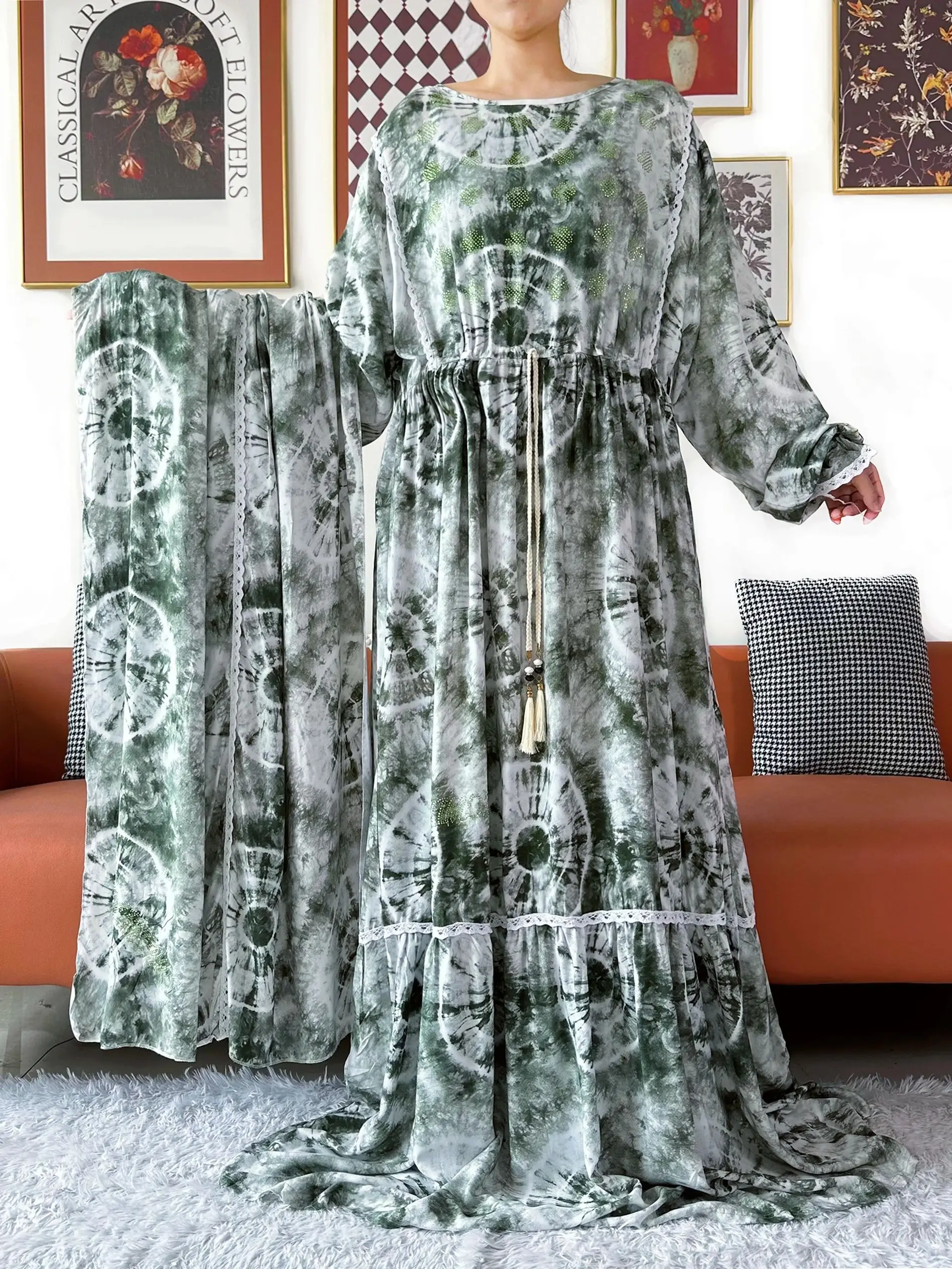 

Высококачественная ткань Kashkha Abaya, женский элегантный хлопковый дубайский кафтан с длинным рукавом, свободный бохо макси, повседневная мода, африканские платья