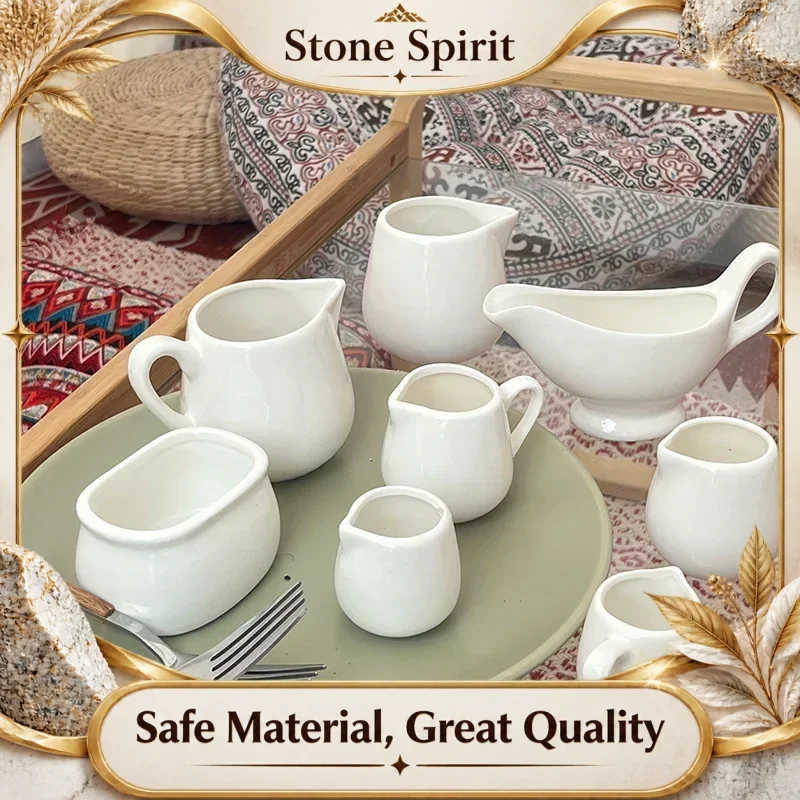 Creative Pure White Ceramic Coffee Small Milk Cup Pot Pot Steak Sauce Cup with Handle Size Sugar Jar Milk Spoon Beak Cup