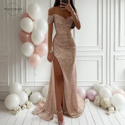 Maxivestidos de noche color champán de sirena para mujer, vestidos formales elegantes con hombros descubiertos y lentejuelas divididas para fiesta personalizada 2024