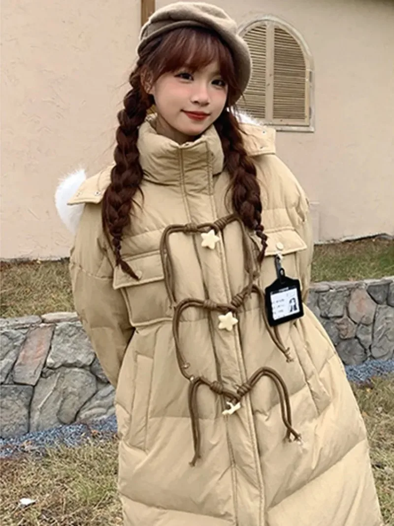 

Miiiix Korean Fashion Khaki Hooded Parkas for Women's Winter New Star Button Loose Casual Long Cotton Jacket Female Clothing