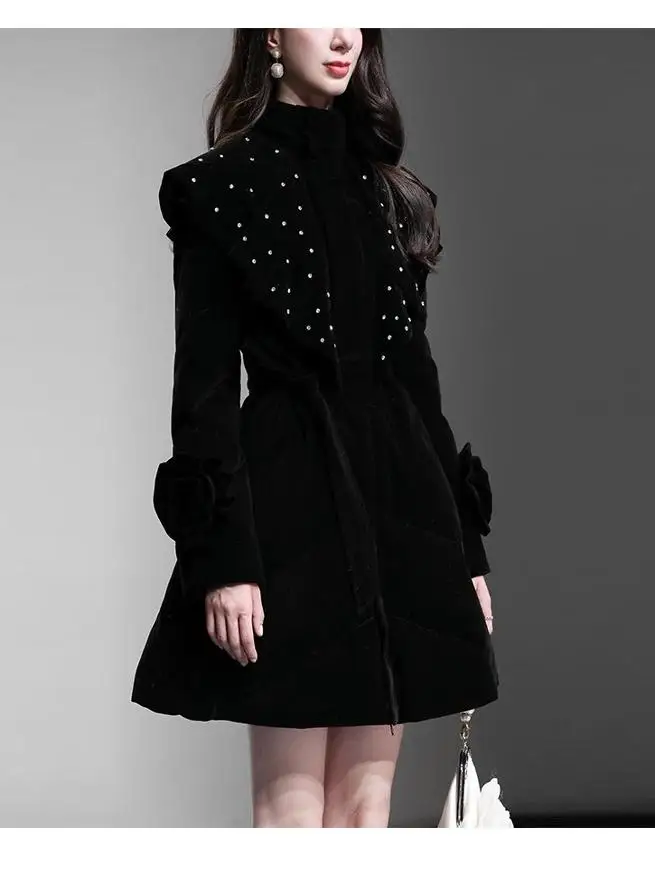 2024 Winter New Chic Women's Clothing Starry Sky Embellishment Hand-drilled Flowers Down Coats Romantic Sweet Short Down Jackets