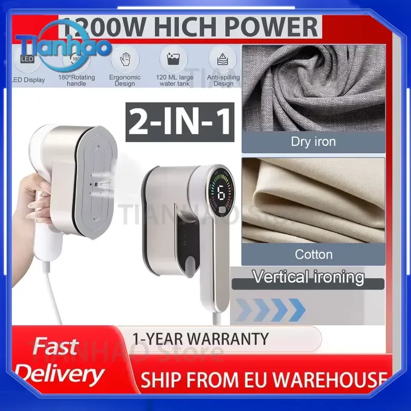2-in-1 Portable Travel Steam Iron with 5 Temperature Levels LCD Display Wrinkle Remover for Home and Travel Use