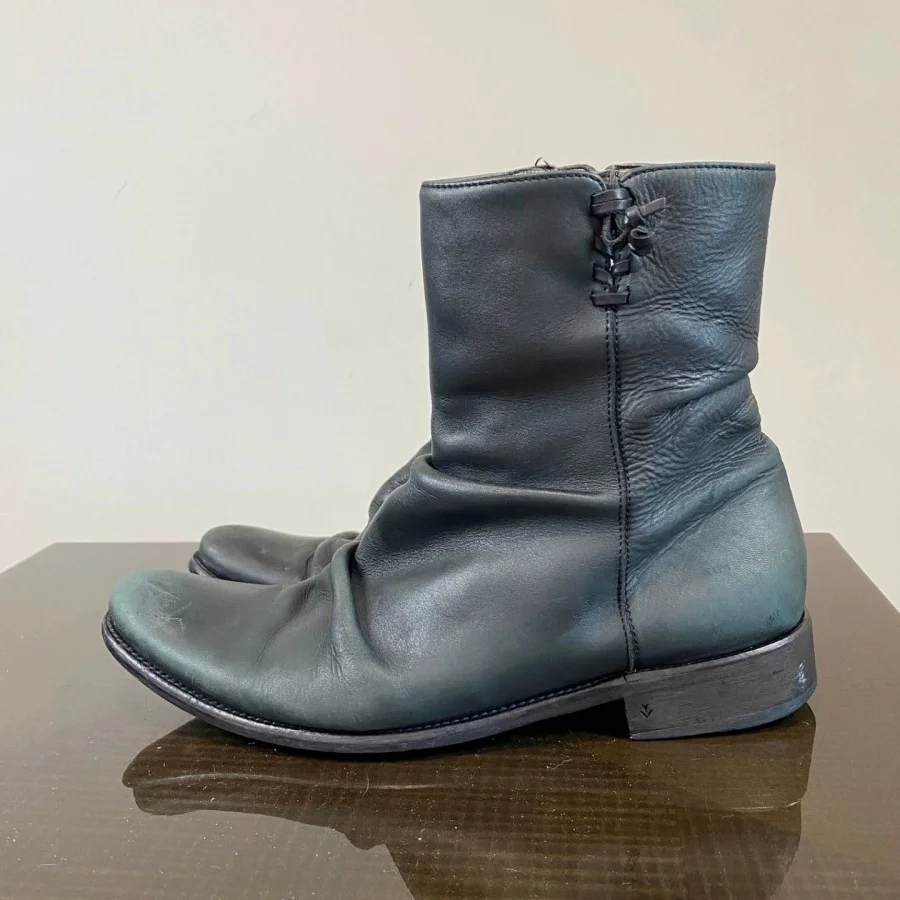 Black Vintage Leather Wrinkled Short Knight Boots Side Zipper Braided Curved Toe Ankle Chelsea Casual Boots Plus Size 36-46