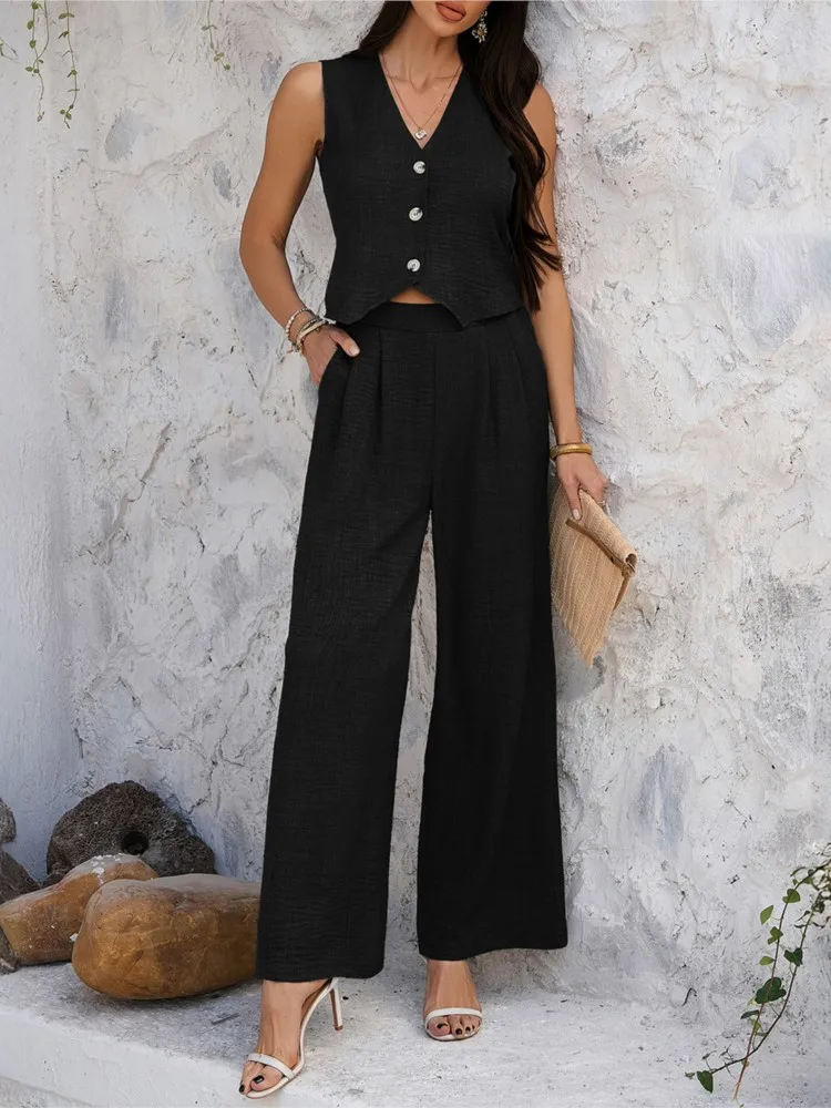 Casual Commuting Holiday Style Simple Solid Color Vest Wide-leg Trousers Set Women's Summer Sleeveless Casual Trousers Set