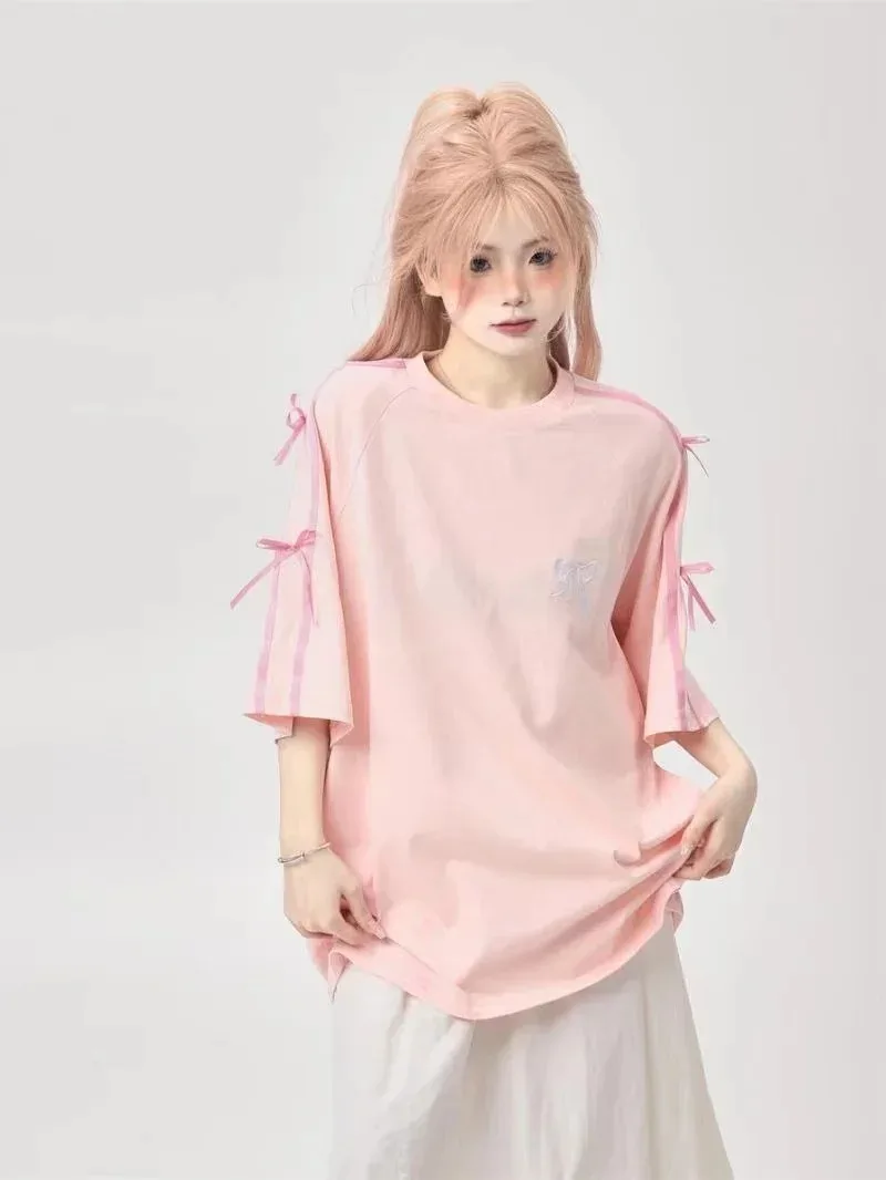 女性用半袖刺embroidered Tシャツ,ルーズ,カジュアル,ブラック,ニッチデザイン,ソフトとタイト,韓国語のボウ,y2k,新しい夏,2022