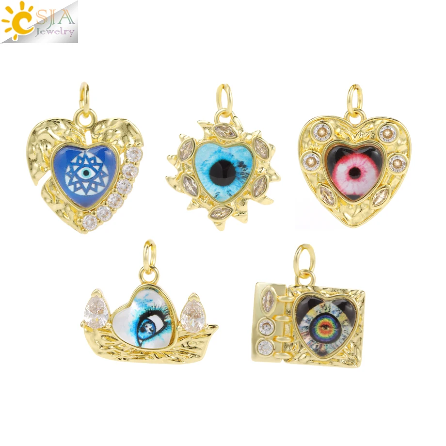 CSJA Heart Evil Eye Pendant for Making DIY Necklace Earrings Gold Color CZ Crystal Charm Jewekry Founding Accessories T084